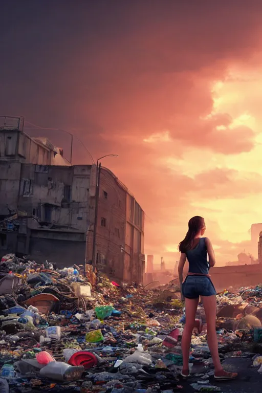 Image similar to wide photo of young woman in mini short with backpack looking at food at garbage dump, destroyed cars, city is pure wasteland, moody sunset background, rays of sunlights, ( ( ( rainbow ) ) ), high details, sharp, photorealism, greg rutkowski, artgerm, unreal engine, highly detailed