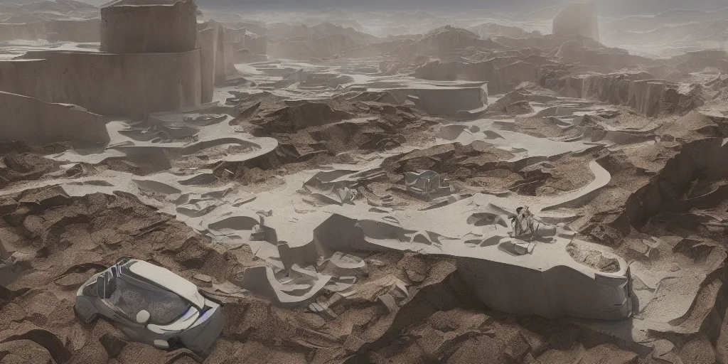 Image similar to perspective horizontal section, view render of a bioremediation white architecture in the mining tailing in the desert, smooth, rossdraws, norman rockwell, emiliano ponzi, epic composition, hd, octane, unreal engine, volumetric lighting, light rays, masterpiece, award - winning