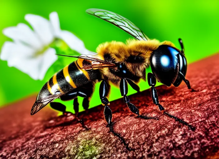 Image similar to super macro of a cyborg terminator bee drinking from a flower in the forest. fantasy horror cyberpunk style. highly detailed 8 k. intricate. nikon d 8 5 0 3 0 0 mm. award winning photography.