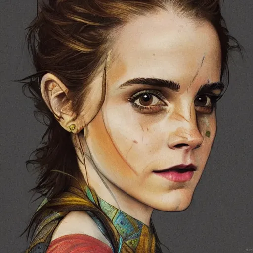 Image similar to Very funny Emma Watson looking like an old monkey, colorful painting on grey scale face, powerful , magic, thunders, dramatic lighting, intricate, wild, highly detailed, digital painting, artstation, concept art, smooth, sharp focus, illustration, art by artgerm and greg rutkowski and alphonse mucha, footage