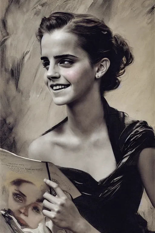 Image similar to emma watson smiling looking up detailed portrait painting by gaston bussiere craig mullins j. c. leyendecker photograph by richard avedon peter lindbergh