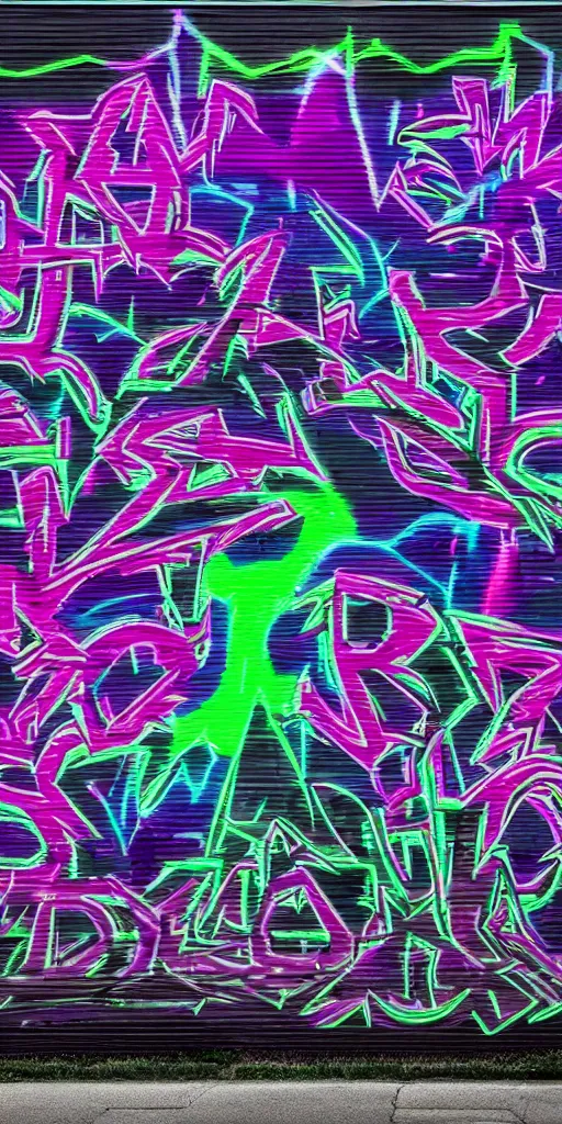 Image similar to Psychedelic graffiti on the garage wall Magic Jungle. Colours - black, purple shades, dark green. Cinematic lightning, deep shadows. David Lozano. Resolution 4K.