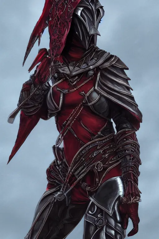 Image similar to female adventurer in tight full - body ebony leather armor of dunmer design with dark red cloth underneath and with a red porcelain crow mask, trending in artstation, establishing shot