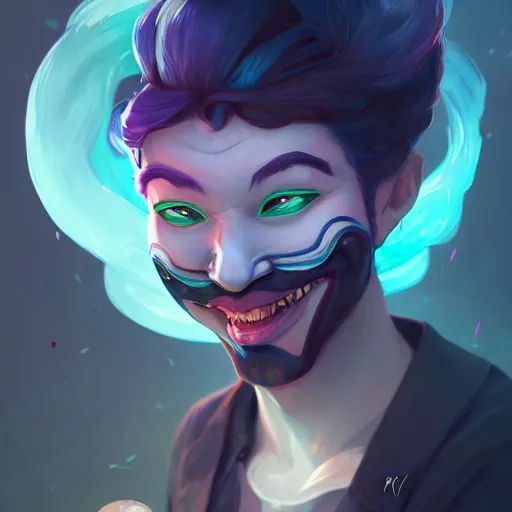 Image similar to a portrait of the happy mask salesman, art by lois van baarle and loish and ross tran and rossdraws and sam yang and samdoesarts and artgerm and saruei and wlop, digital art, highly detailed, intricate, sharp focus, trending on artstation hq, deviantart, unreal engine 5, 4 k uhd image