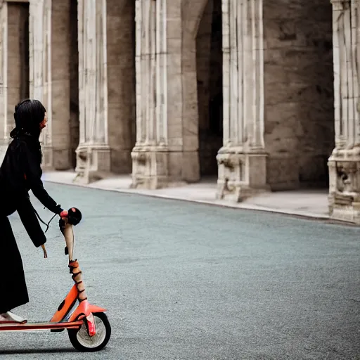 Image similar to a female made out of stone rides a scooter, 5 0 mm lens, f 1. 4, sharp focus, ethereal, emotionally evoking, head in focus, volumetric lighting, 8 k