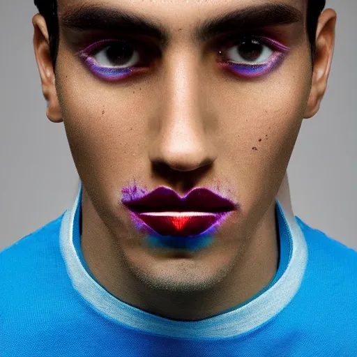 Image similar to a young beautiful slim athletic indian male has freckles color blue with an ombre effect, his eyes pupils are purple, his hair is colored blue silver ombre, photographed by erwin olaf