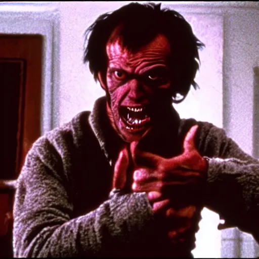 Image similar to film still of a funny looking werewolf with his hand extended in an american werewolf in london