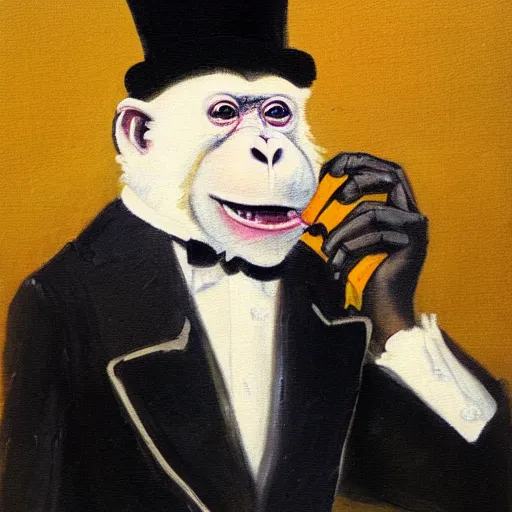 Image similar to a monkey wearing a monocle and a top hat drinking tea, brush strokes, oil painting