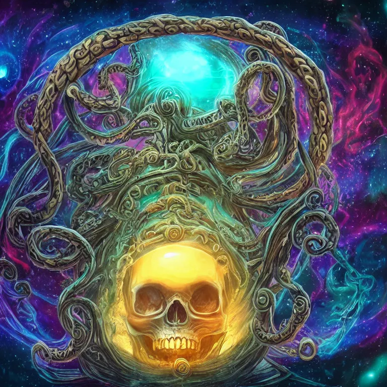 Prompt: a giant skull with intricate rune carvings and glowing eyes and three dimensional symmetrically braided lovecraftian tentacles haunting the mythical cosmos with twirling smoke trails and a endlessly twisting vortex of dying galaxies, depicted in a snowglobe, digital art, vivid colors, highly detailed