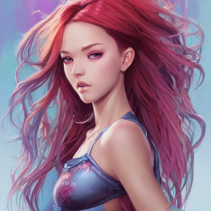 Image similar to portrait of beautiful symmetrical anime girl, rainbow hair, attractive, casual, modern, victoria's secret, highly detailed, digital painting, artstation, concept art, smooth, sharp focus, illustration, art by artgerm, greg rutkowski and alphonse mucha, 8 k,