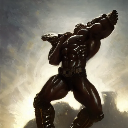 Prompt: handsome portrait of a spartan guy bodybuilder posing, radiant light, caustics, war hero, thick boots, metal gear solid, steel bull run, by gaston bussiere, bayard wu, greg rutkowski, giger, maxim verehin