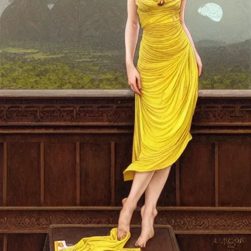 Image similar to a smiling alexandra daddario wearing a yellow dress and reading a book, masterpiece, intricate, elegant, highly detailed, digital painting, artstation, concept art, smooth, sharp focus, illustration, art by artgerm and greg rutkowski and alphonse mucha and uang guangjian and gil elvgren and sachin teng, symmetry!!