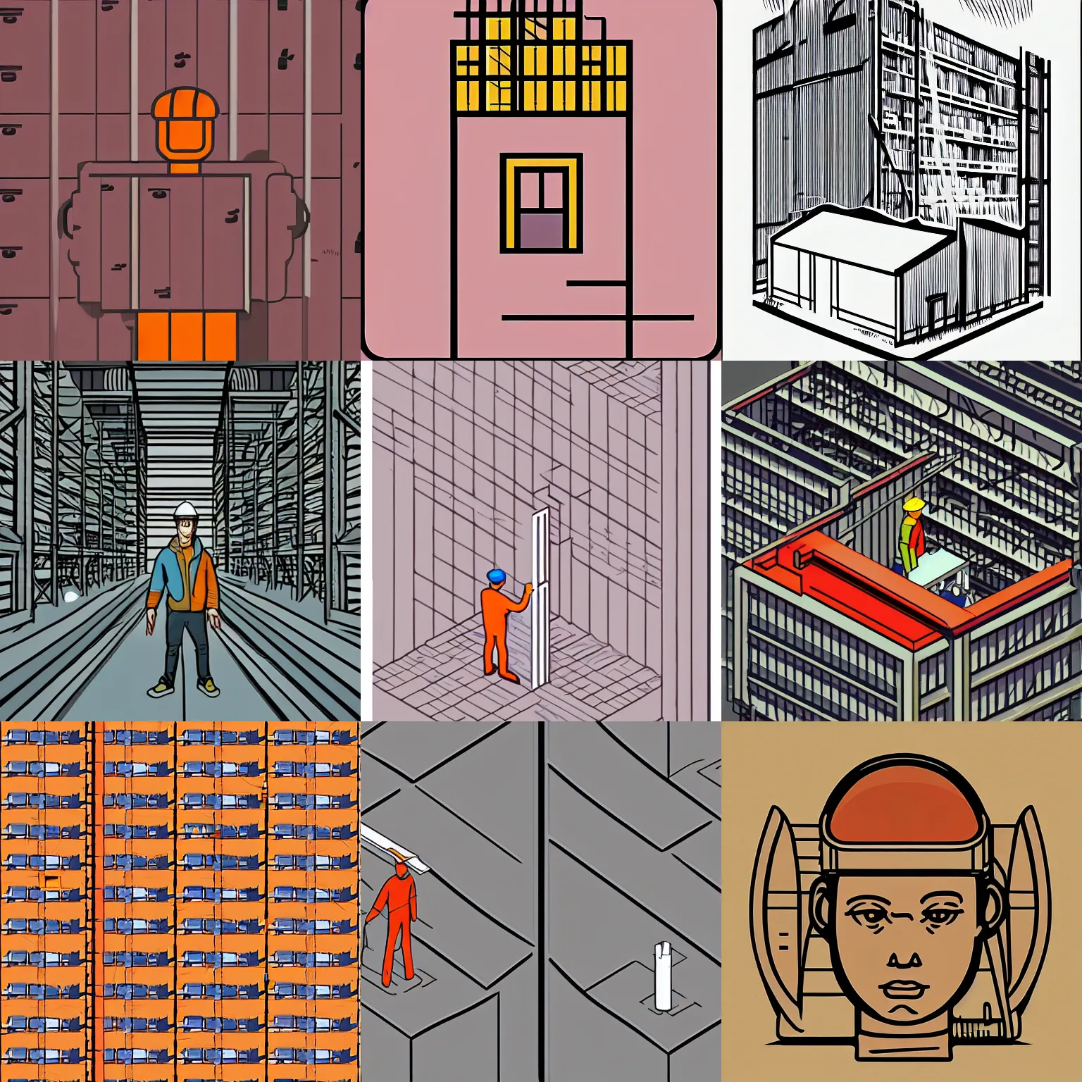 Prompt: icon of warehouse worker stylized minimalist behance moebius