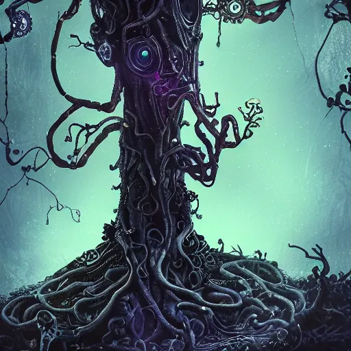 Prompt: Highly sophisticated microcosmic mechanical steampunk character with robotic arms and short mechanical legs and two (((glowing))) eyes in mystical forest with glowing algae in the tree trunks and vines hanging from the branches, creepy ambiance, desaturated, fog, sharp focus, magical, refined, beautiful, eerie, artsy