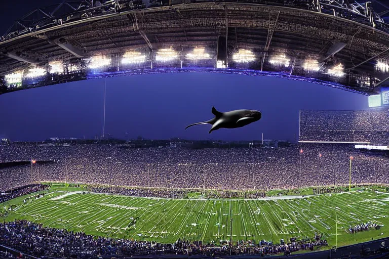 Image similar to whale flying above an NFL football game photograph realistic stadium lighting