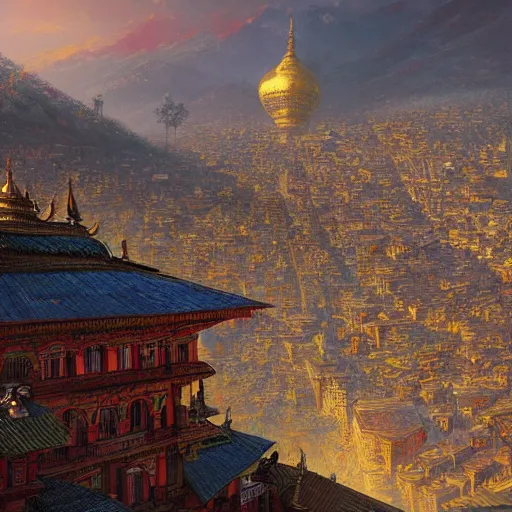 Image similar to artstation concept of kathmandu, bright colorful, gold, hyperdetailed, artstation trending, world renowned artists, worth1000.com, historic artworks society, antique renewel, cgsociety, by greg rutkowski, by Gustave Dore, Deviantart