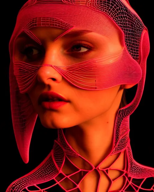 Prompt: 3 d front pose render, stunning beautiful young girl alluring biomech - cyberpunk model with a porcelain profile face, rim light, big neon circiuts and lines, borders, fine detail, lace, alexander mcqueen, art nouveau fashion embroidered collar, dieselpunk, neon filigree details, hexagonal mesh wire, ifs reflection, elegant, artstation trending