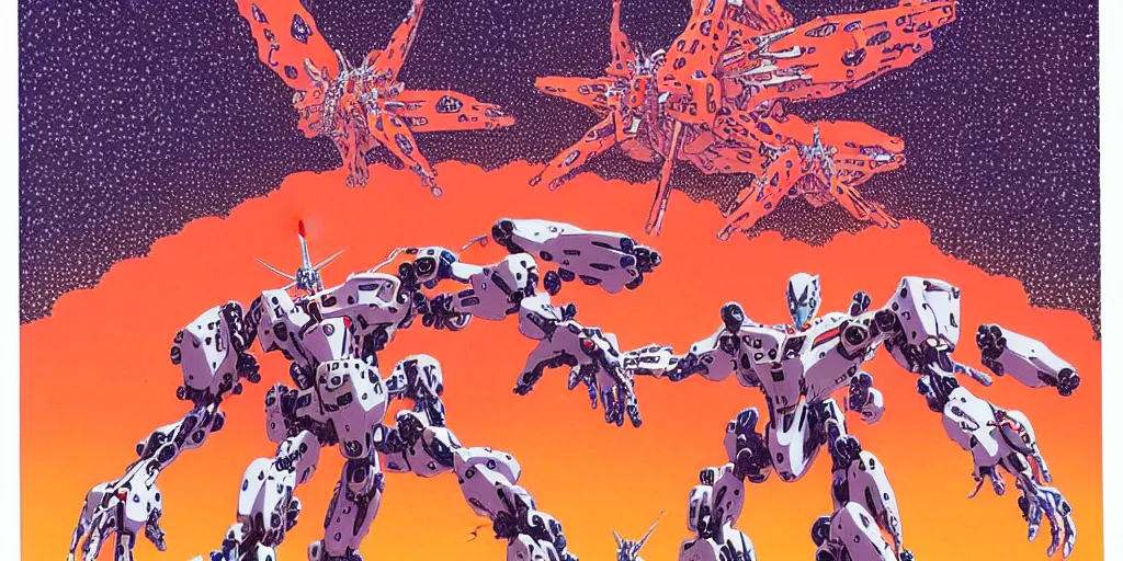 Image similar to risograph rendition of extremely - detailed white huge evangelion - like mech with a lot of orange tiny balls on it, children faces, ominous, intricate complexity, dramatic, epic composition, atmospheric, painting by moebius