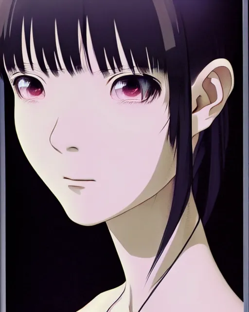 Image similar to a highly realistic, true to life portrait of a beautiful japanese girl, serial experiments lain, wired, sharp focus, with sharp features, a beautiful face, soft smile, under studio lighting, taken with a canon eos camera with 1 3 5 mm focal length, art by range murata and yasuyuki ueda