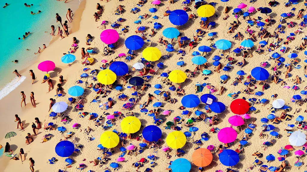 Prompt: photograph beachscapes from an almost perpendicular angle, Aerial view of sandy beach with umbrellas and sea, Aerial of a crowded sandy beach with colourful umbrellas, sun bathers and swimmers during summer, by Tommy Clarke