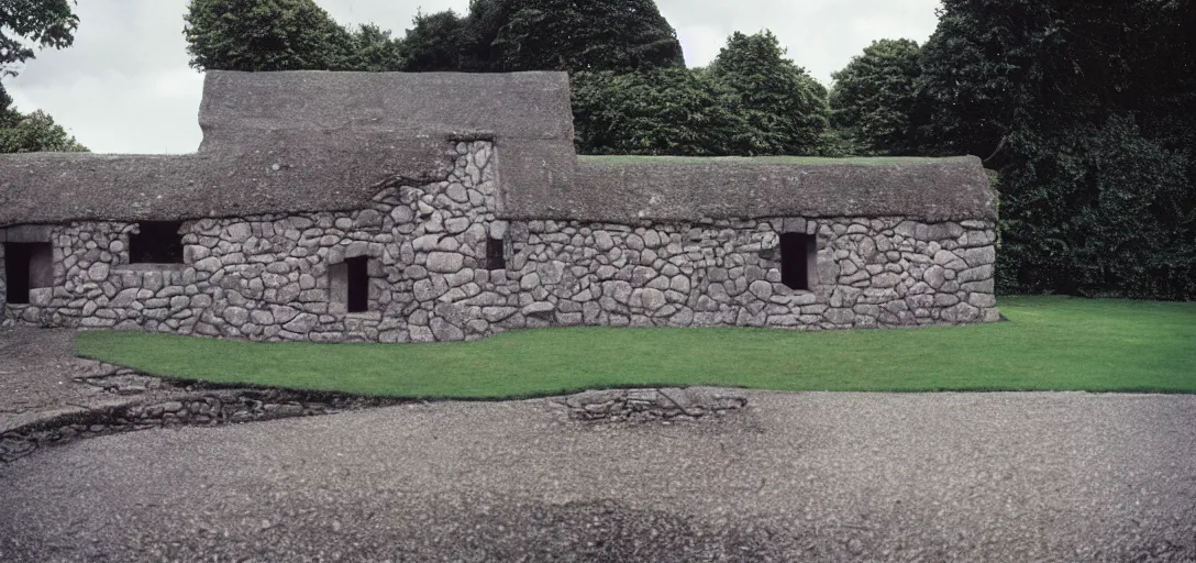 Image similar to scottish blackhouse designed by le corbusier. outdoor landscaping designed by roberto burle marx. fujinon premista 1 9 - 4 5 mm t 2. 9. portra 8 0 0.