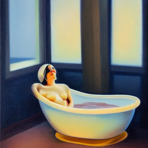 Image similar to realistic oil painting of young woman in a bathtub full of milk, smiling with her eyes closed as she washes herself, city lights from art deco window