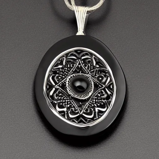 Prompt: an intricate ebony pendant floating in black space