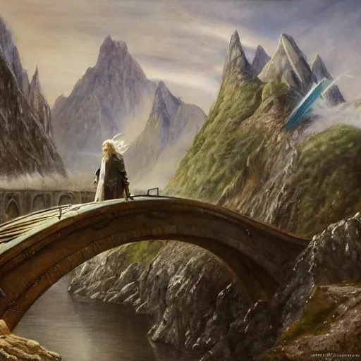 Prompt: beautiful gandalf with a sword in his hand on a bridge fighting the balrog, by alan lee, lord of the rings, smooth, detailed terrain, oil painting, matte painting, concept art, trending on artstation