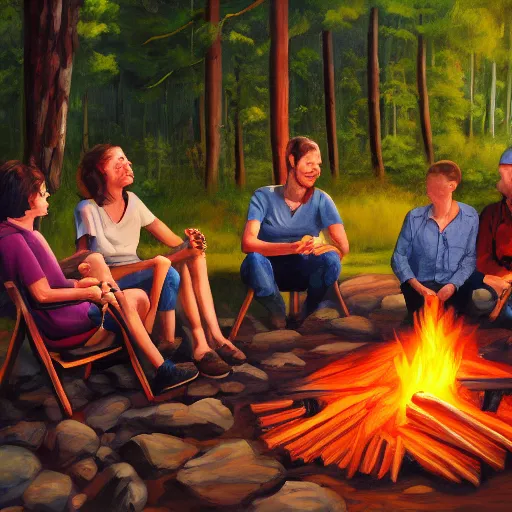 Image similar to sitting around a campfire, hyper realism