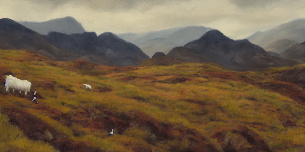 Prompt: painting of rocky highlands with goats grazing in the far distance, overcast skies, muted colors