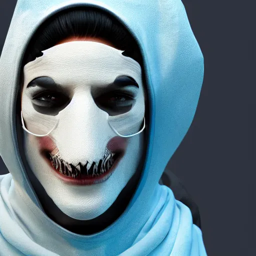 Image similar to a highly detailed, portrait of a man with black hair with a black medical mask, in a hood in the form of a blue shark with white teeth, artstation, DeviantArt, professional, octane render, digital art