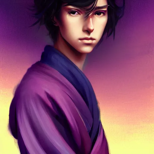 Image similar to colorful and Festive Captivating teenager boy with straight indigo hair, purple eyes with red eye markers, slim body, wearing a detailed Japanese kimono. rich vivid colors, ambient lighting, dynamic lighting, 4k, atmospheric lighting, painted, intricate, highly detailed by Charlie Bowater