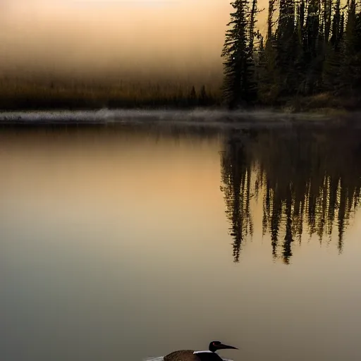 Prompt: high resolution photograph of a loon with an evil reflection, eerie, morning light, misty lake