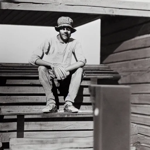 Image similar to photograph of a young man with a backward hat sitting on outdoor wooden bleachers next to a radio