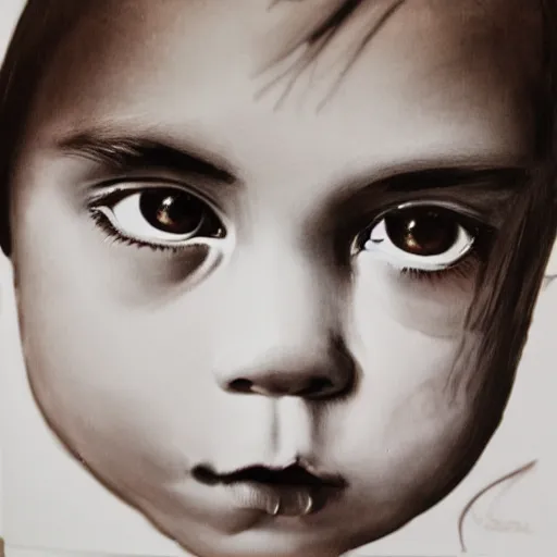 Prompt: ink painting of a little girl's face on wood, dark hair, real human eyes, kodachromatic, studio lighting, extremely detailed