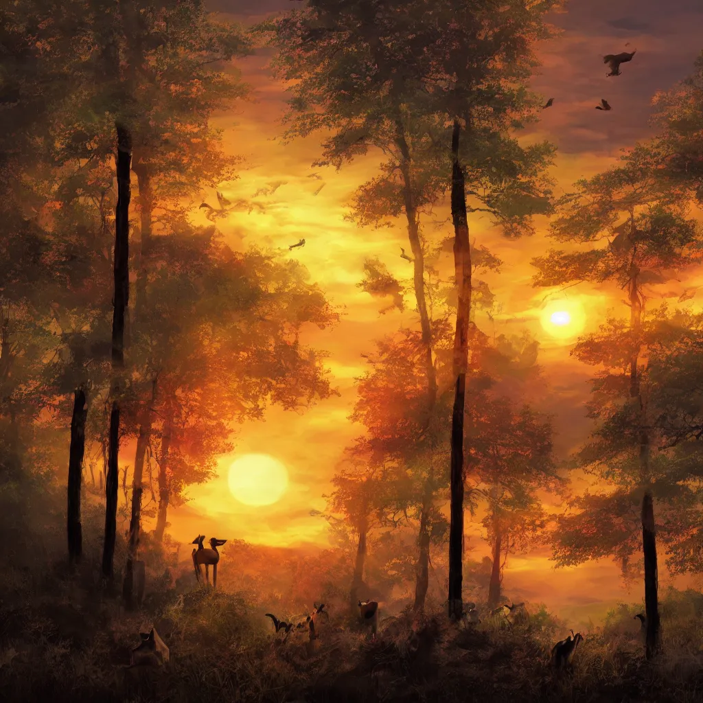 Prompt: a dreamy sunset kn the forest with animals, illustration, 8k