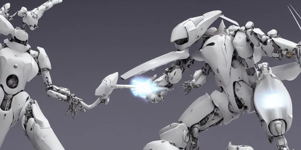 Image similar to 3d render of a white human mecha from sidonia no kishi with a kabizashi lance in melee combat against a giant horrifying tentacles monster made of flesh and acids in empty stellar space, white metallic, japanese mecha, highly detailed, white robot, rim light, flashy red lights, tsutomu nihei style, rendered in blender