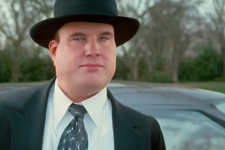 Image similar to cinematic still of portly clean-shaven white man wearing suit and necktie and boater hat as car salesman in 1994 film, XF IQ4, f/1.4, ISO 200, 1/160s, 8K, RAW, dramatic lighting, symmetrical balance, in-frame