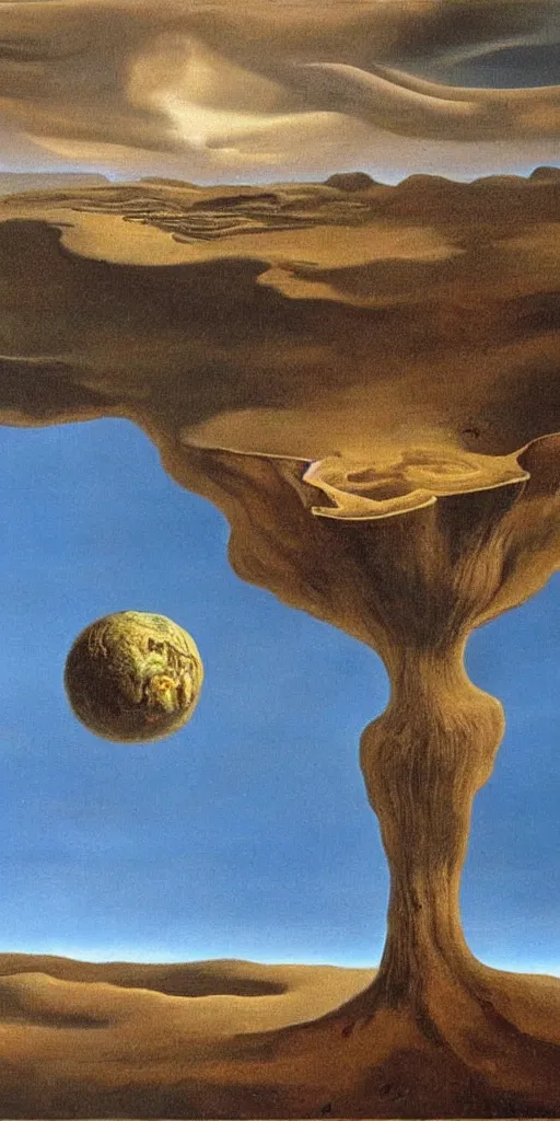 Image similar to A surrealist oil painting of a desiccated earth. Salvador Dali. Museum Quality.