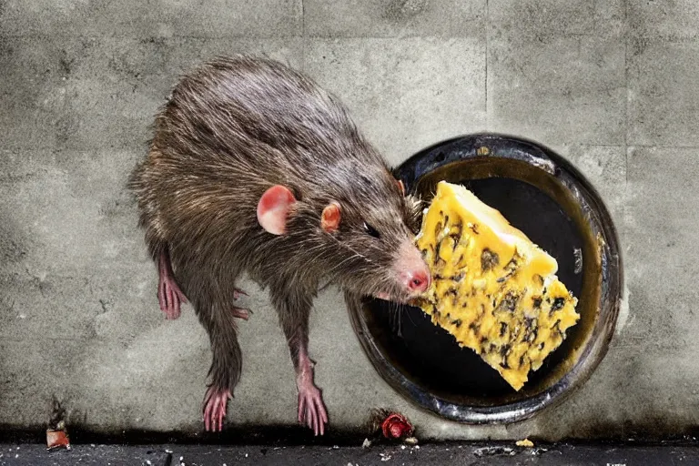 Image similar to a giant mutant disgusting rat eating cheese in a sewer, photograph, terror, horror, mutant, scary,