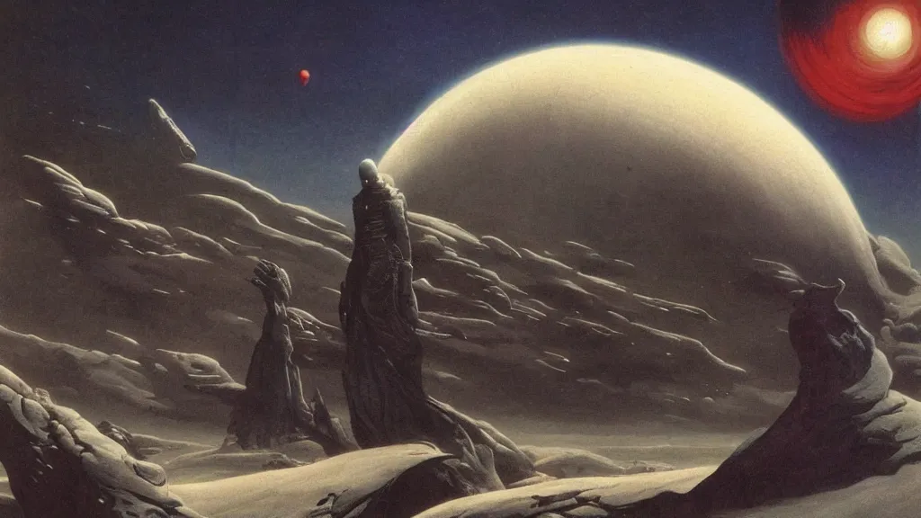 Image similar to eerie atmospheric evolving alien planet by gerald brom and vincent di fate, epic cinematic matte painting