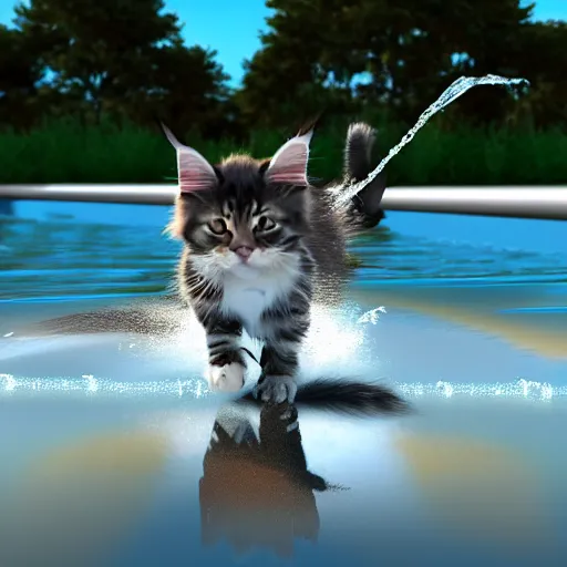 Image similar to Maine coon kitten is a Water skiing champion, action shot. 3D render