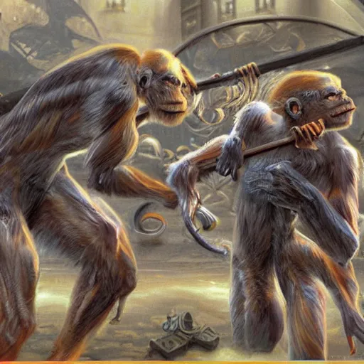 Image similar to fantasy art ultra detailed photo monkeys in fbi uniforms attacking a nursing home