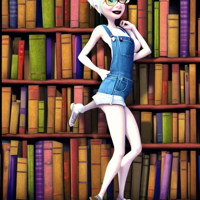 Prompt: full body pose, beautiful adult library fairy, short white hair shaved sides, pixar, dirty, grungy, grunge, overalls, stacks of giant books, highly detailed, 4 k, hdr, smooth, sharp focus, high resolution, award - winning photo, artgerm, photorealistic