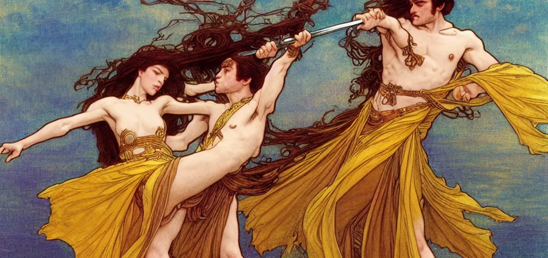 Image similar to a dual wielding golden swordsman leans back as he dances elegantly in the wind, his robes and long hair flowing in the breeze, his enemies lying on the ground below, fantasy, Mucha, MTG, Game of Thrones, salsa dancing, Rossetti, Millais