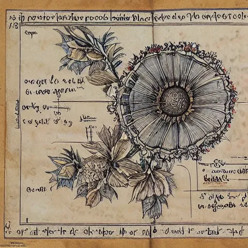 Prompt: technical drawing of a ointment, beautiful design, flower adorned, delicate, old book, detailed map, notes, scribbles, old paper