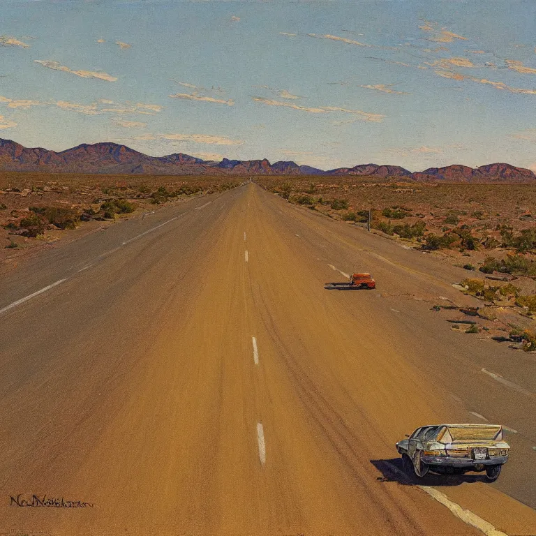 Prompt: a painting of the loneliest highway in nevada by norman rockwell, golden hour, detailed, art gallery quality