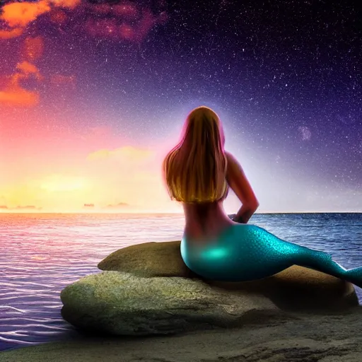 Prompt: a mermaid sitting on a rock, beach, starry sky, sunset