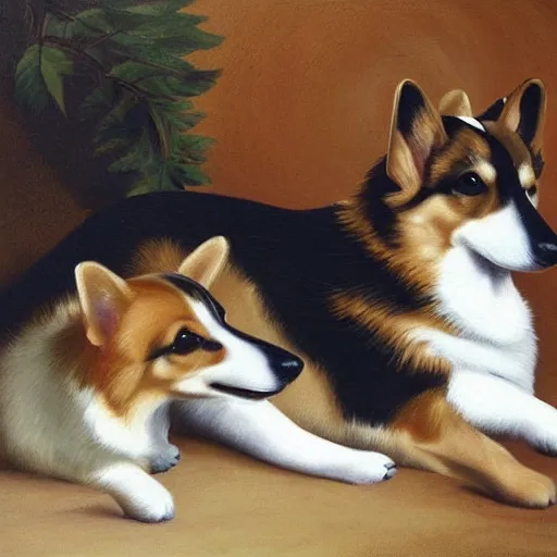 Prompt: highly detailed oil painting of corgis by bosch