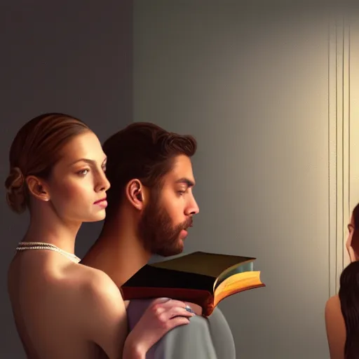 Image similar to hyperrealistic painting of a beautiful young woman holding a book while three men and a woman peep into the book from behind, detailed digital art, trending on artstation